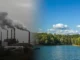 Industrial pollution contrasted with pristine lake
