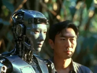 Man standing beside silver humanoid robot