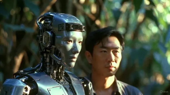 Man standing beside silver humanoid robot