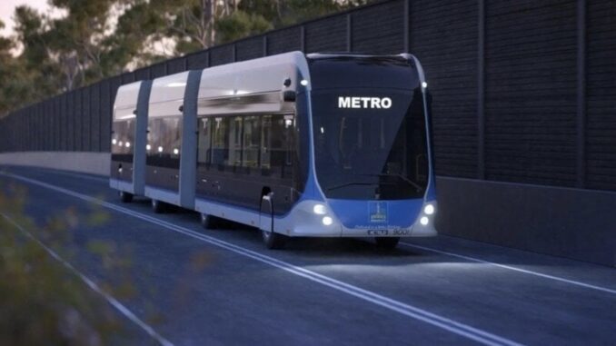 Futuristic metro bus on a quiet road. Futuristic metro bus on a quiet road.