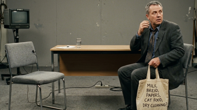 Man with bag sitting in empty room. Man with bag sitting in empty room.