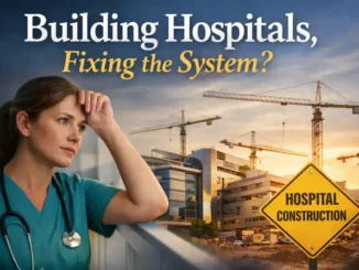 Nurse contemplating hospital construction and system improvement.
