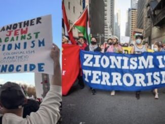 Protesters holding anti-Zionism signs and banners.