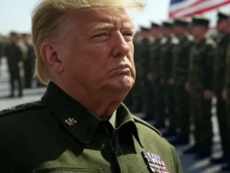 Stern man in olive uniform, soldiers in formation