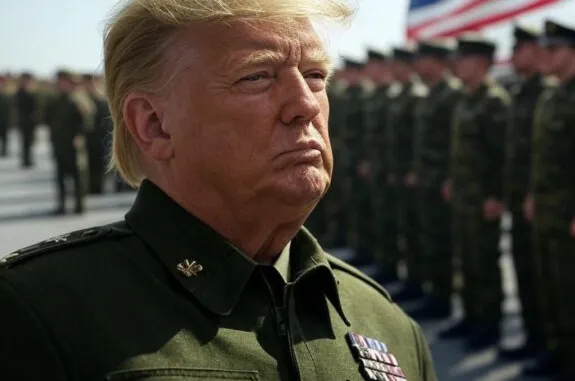 Stern man in olive uniform, soldiers in formation Stern man in olive uniform, soldiers in formation