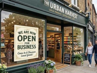 Urban Harvest store with grand opening sign.
