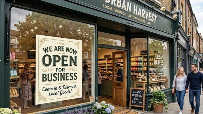 Urban Harvest store with grand opening sign.
