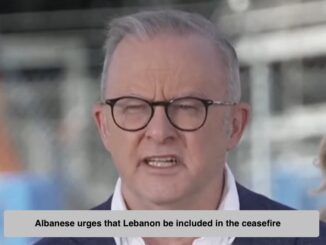 Man speaking with text about Lebanon ceasefire.