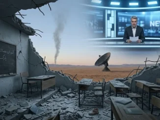 Ruined classroom with satellite dish and news anchor