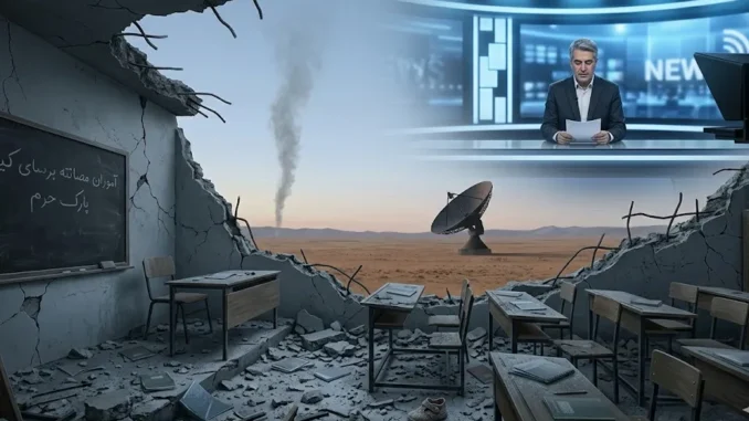 Ruined classroom with satellite dish and news anchor Ruined classroom with satellite dish and news anchor