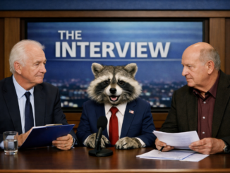 Raccoon in suit interviewed on television talk show