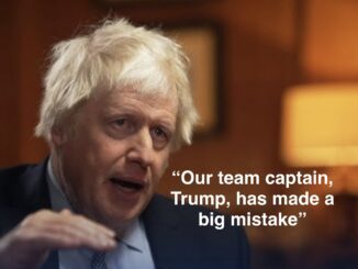 Blond-haired man speaking with political quote