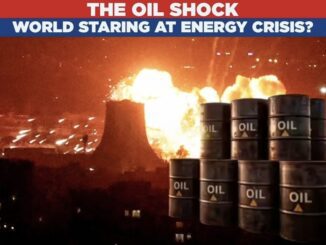 Exploding refinery with stacked oil barrels