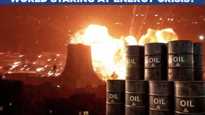 Exploding refinery with stacked oil barrels