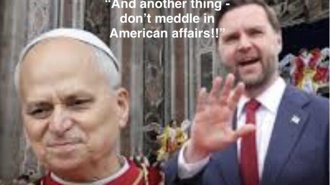 Man in suit waving beside cleric Man in suit waving beside cleric