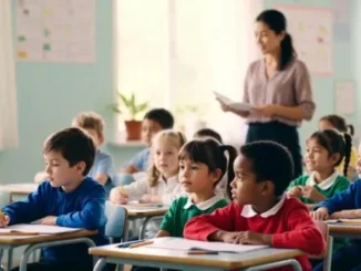 Elementary students listening in classroom with teacher