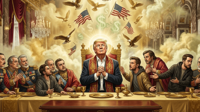 Political leader enthroned in Last Supper parody