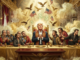 Political leader enthroned in Last Supper parody