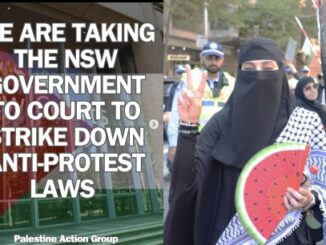 Protester in niqab holding watermelon fan