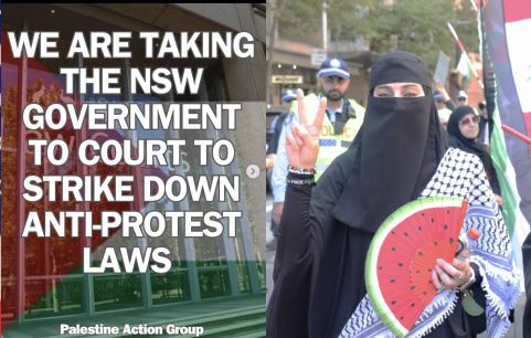 Protester in niqab holding watermelon fan