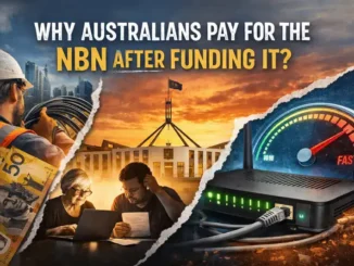 Australian NBN collage: Parliament, workers, bills, modem