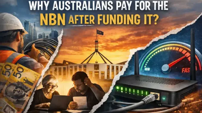 Australian NBN collage: Parliament, workers, bills, modem