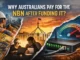 Australian NBN collage: Parliament, workers, bills, modem