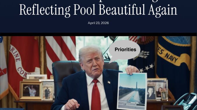 Man in office holds photo of reflecting pool
