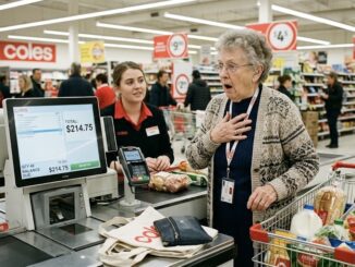 Elderly woman surprised at grocery checkout
