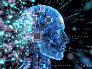 Glowing AI head with circuits and binary