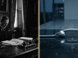Split scene: vintage office and telephone close-up