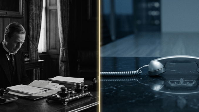 Split scene: vintage office and telephone close-up Split scene: vintage office and telephone close-up
