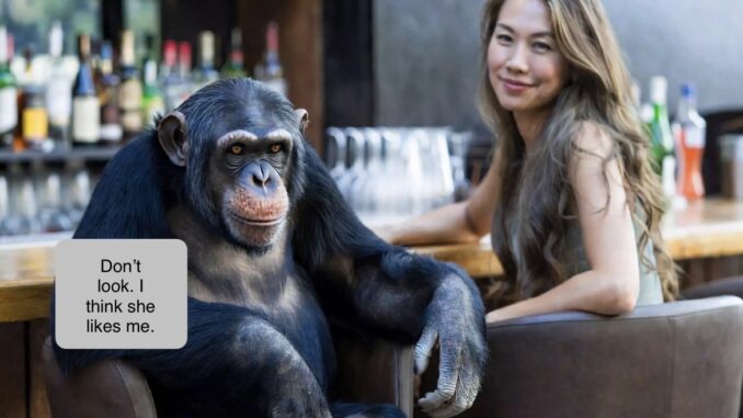 Chimpanzee at bar with woman smiling.