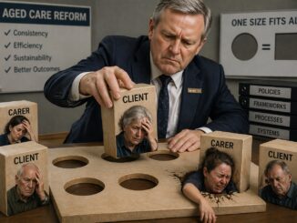 Man in suit placing aged care client blocks