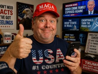 Smiling man wearing MAGA hat and USA shirt