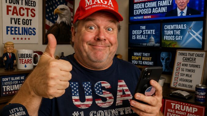Smiling man wearing MAGA hat and USA shirt