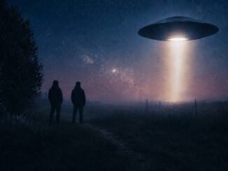 Two people watching glowing UFO beam at night