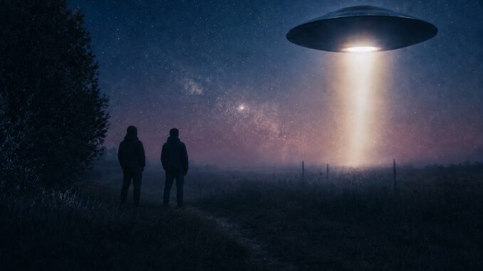 Two people watching glowing UFO beam at night Two people watching glowing UFO beam at night