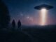 Two people watching glowing UFO beam at night
