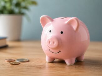 Pink piggy bank with coins on table