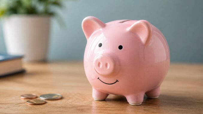 Pink piggy bank with coins on table Pink piggy bank with coins on table