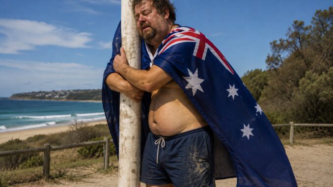Man draped in Australian flag hugging pole