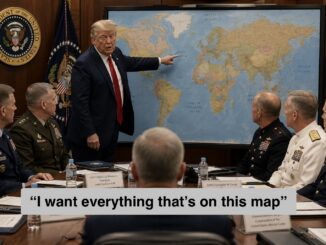 Man pointing at world map with military officers