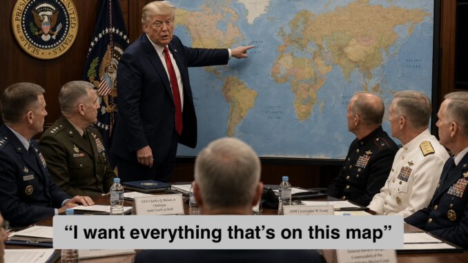 Man pointing at world map with military officers Man pointing at world map with military officers