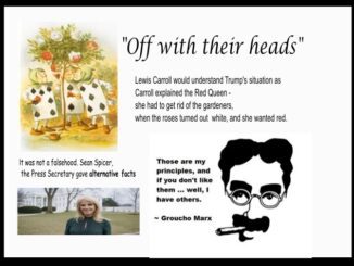 Collage with "Off with their heads" quote