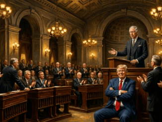 Orator addressing ornate assembly with applause