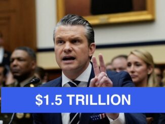 Person testifying at hearing with $1.5 trillion banner