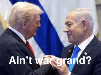 Two men clasping hands, caption: "Ain't war grand?