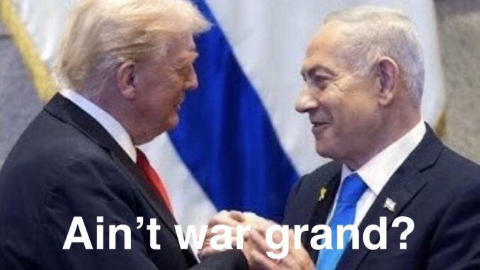 Two men clasping hands, caption: "Ain't war grand? Two men clasping hands, caption: "Ain't war grand?