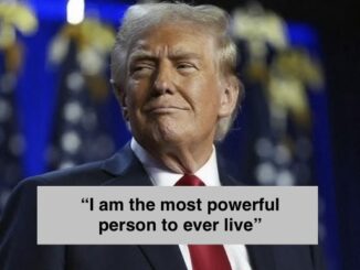 Smirking man in suit, American flags, quote